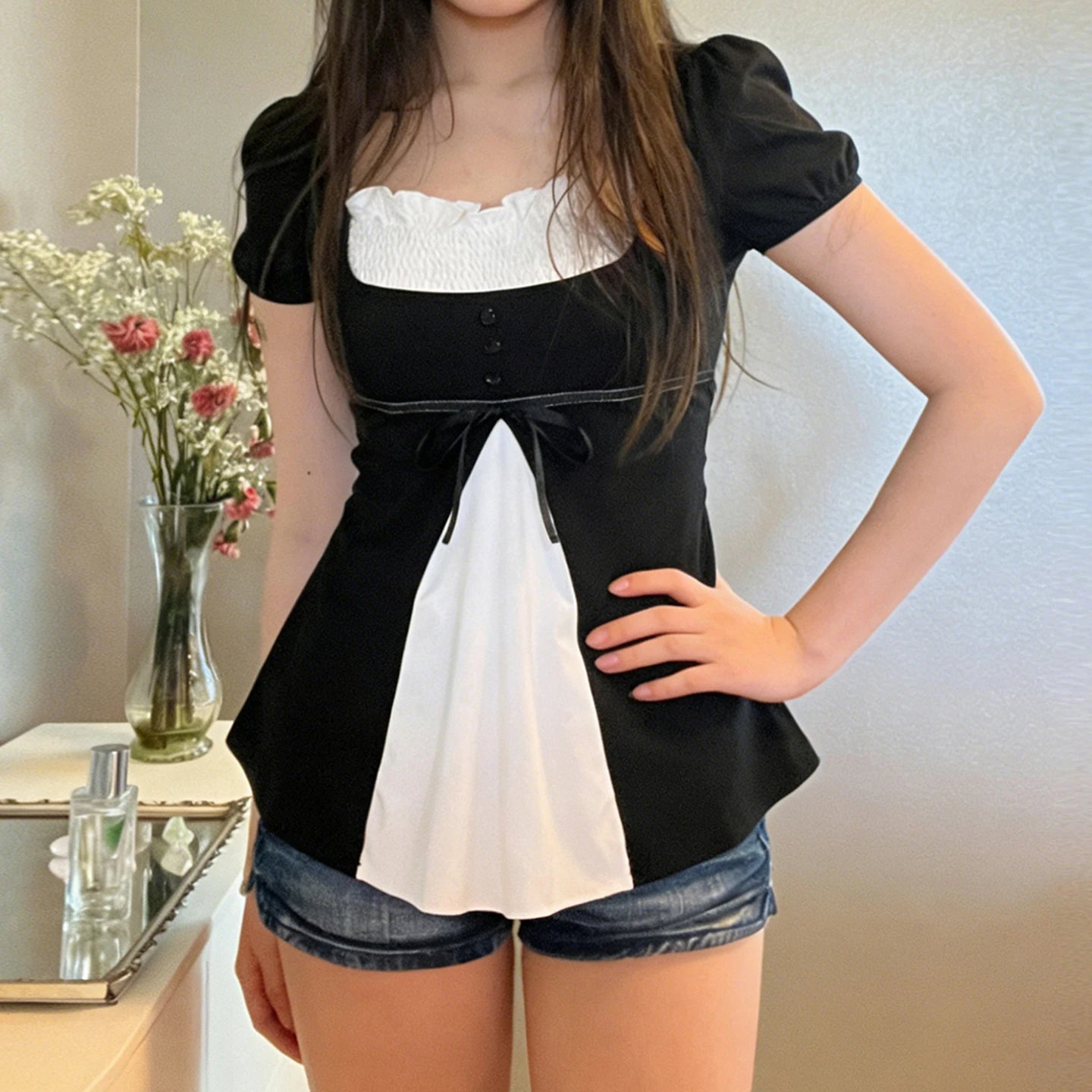 [RUOKE] Casual Y2K Contrast Color Top Women Spring Summer Square Neck Puff Sleeve Bow Slim A-line Babydoll Blouse Sweet Coquette