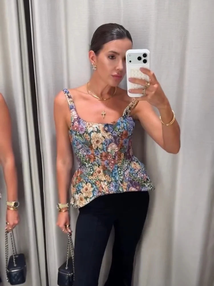 Sexy Print Flower Slim Sling Top Women Sleeveless Slip Backless Closed Waist Vest Female 2026 Fashion Summer Autumn Tops Lady