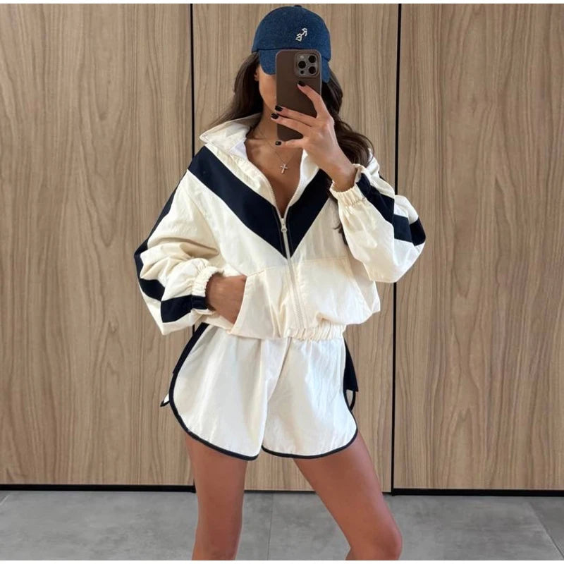 Fashion Color Block 2 Piece Tracksuit Women's Stand Collar Zip Lightweight Jacket Loose Mini Shorts 2026 New Lady Casual Outfit