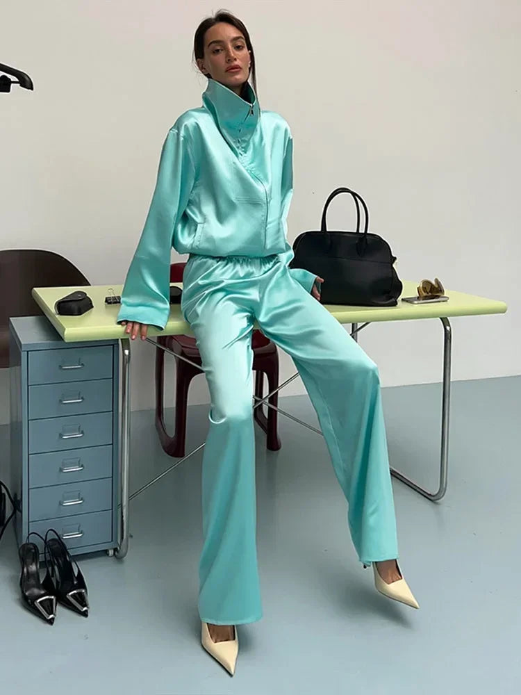 Women Satin Stand Collar Loose Jacket 2 Piece Set Long Sleeve Zip Coat Elastic Waist Pants Matching Co Ord 2026 Casual Outfits