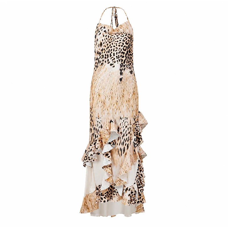 Women's Leopard Print Long Maxi Dress Halter Neck Plunge Front Tiered Ruffle Mermaid Skirt Elegant Party Cocktail Daily Gowns