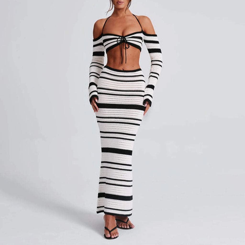 hirigin Knit Stripe Women 2 Piece Set Halter Slash Neck Lace Up Long Sleeve Tops and Maxi Skirts Sexy Mujer Club Midnight Suit
