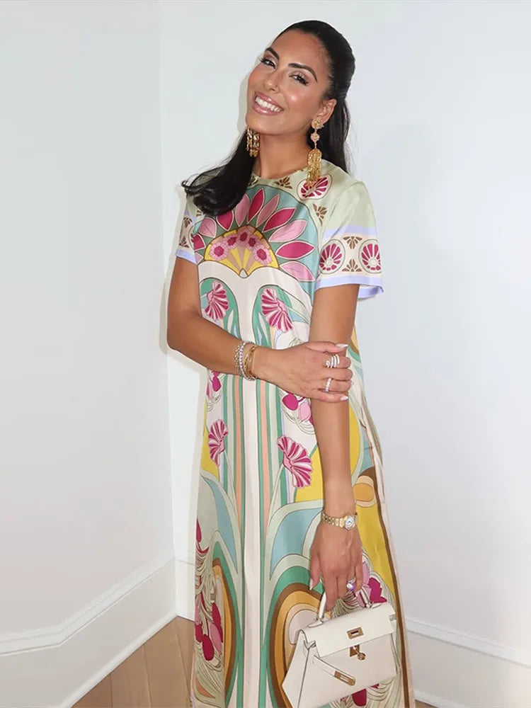 Chic Printed Women's Dress O-Neck Short Sleeve Loose Feather Patchwork Women'S Long Dresses 2026 Summer Female Vacation Robe