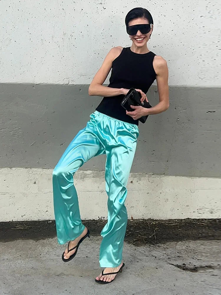 Women Satin Stand Collar Loose Jacket 2 Piece Set Long Sleeve Zip Coat Elastic Waist Pants Matching Co Ord 2026 Casual Outfits