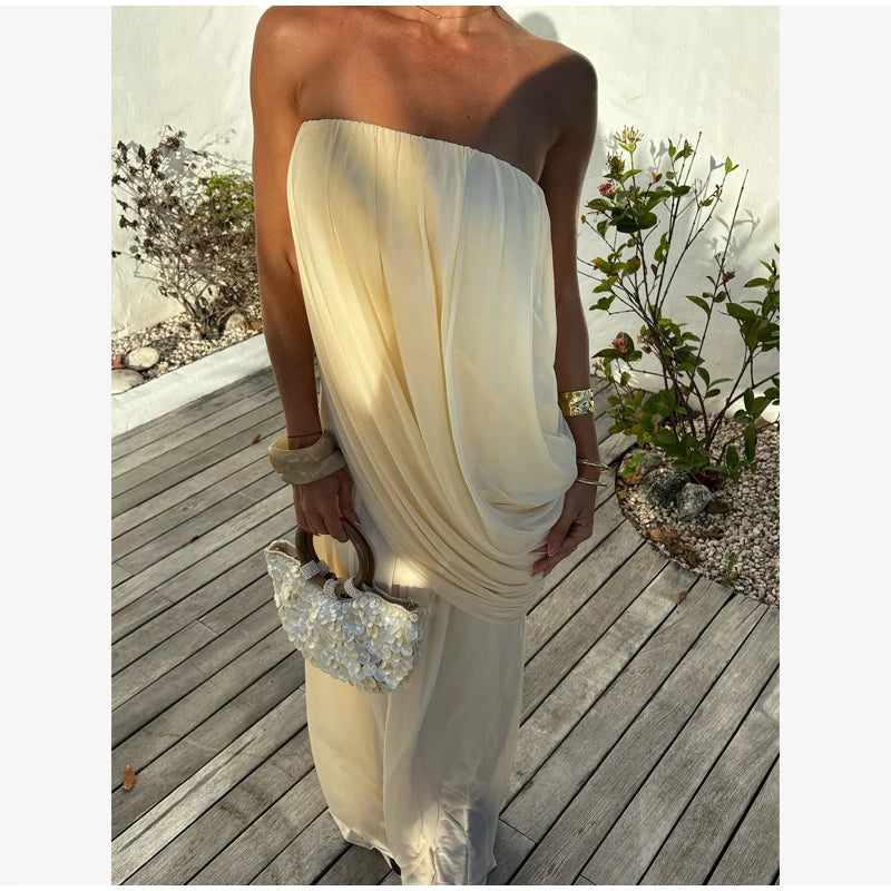 Sexy Pleated Strapless Maxi Dress Women Chic Solid Sleeveless Backless Loose Long Dresses 2026 Summer Lady Vacation Beach Outfit