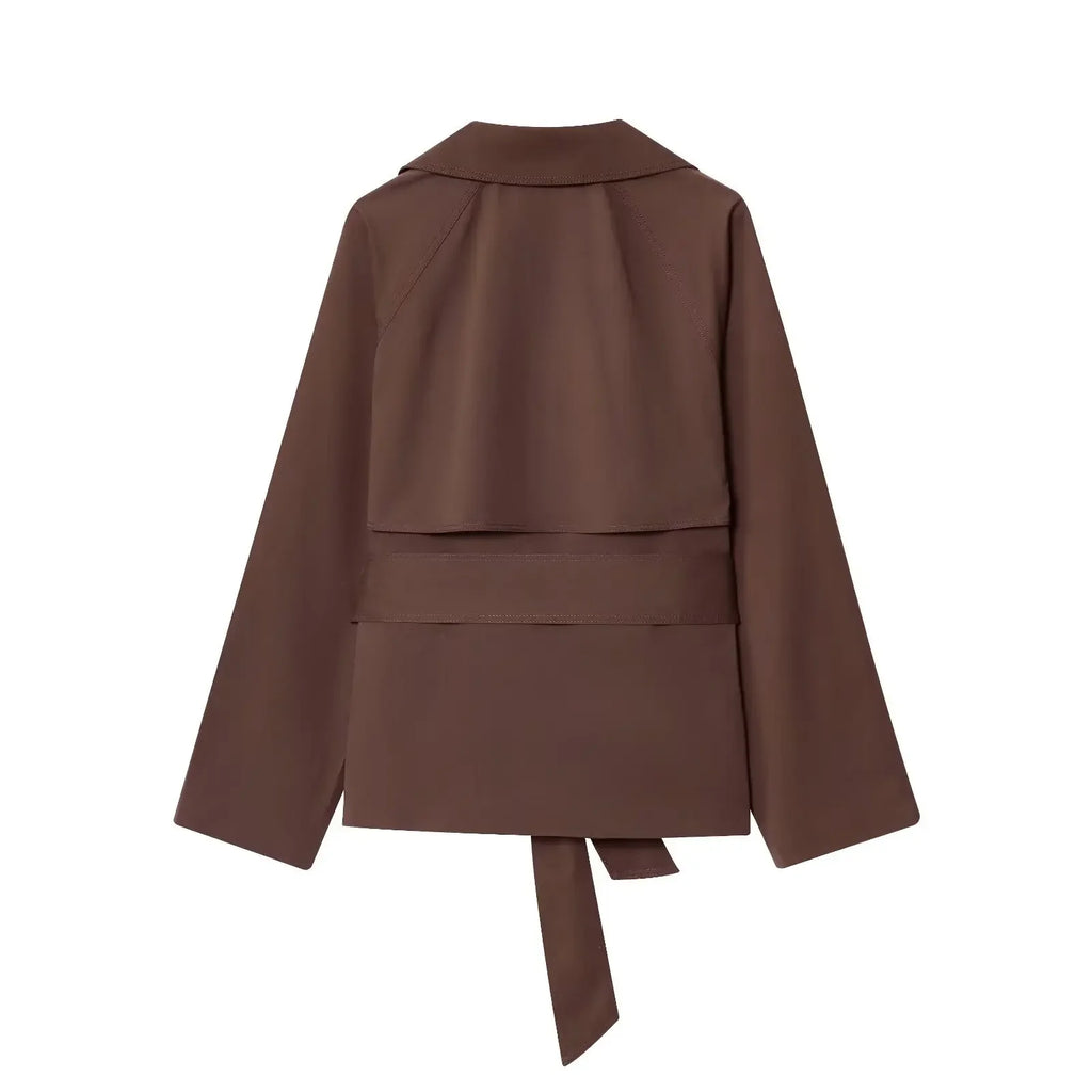 Women Lapel Lace Up Short Trench Coat Casual Full Sleeve Double Breasted Loose Cropped Windbreakers 2026 New Lady Commute Coats