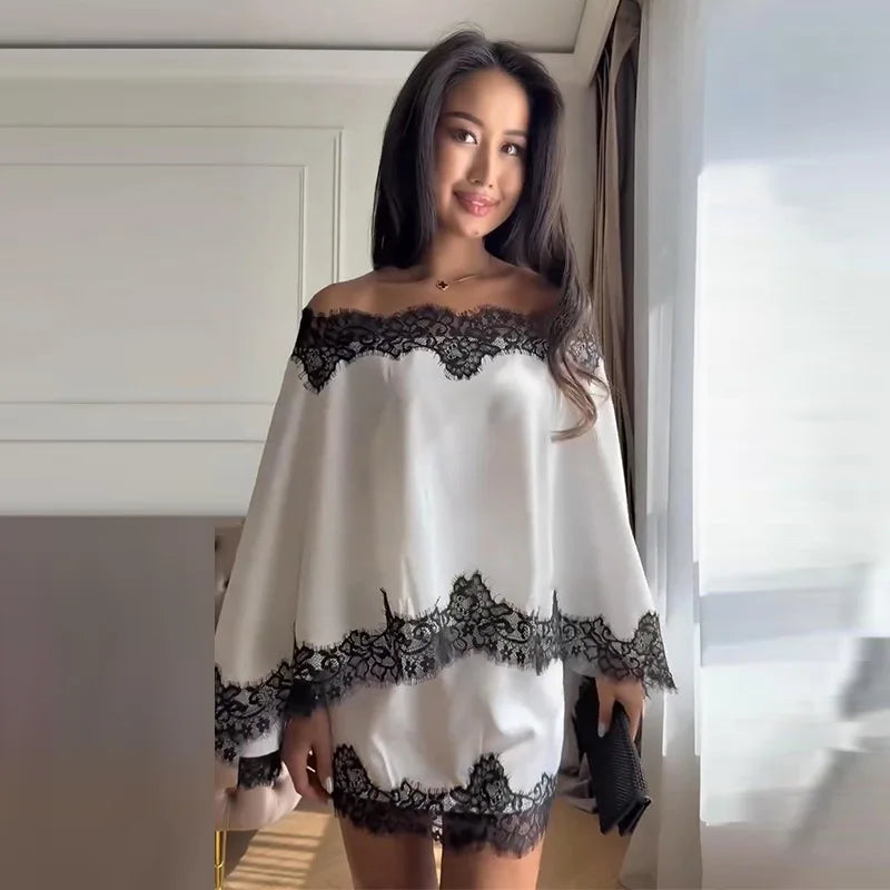 Elegant Women's Satin Lace Patchwork Top Skirt Set Loose Sloping Shoulder Full Sleeve Top Mini Skirts 2026 Summer Lady Suit
