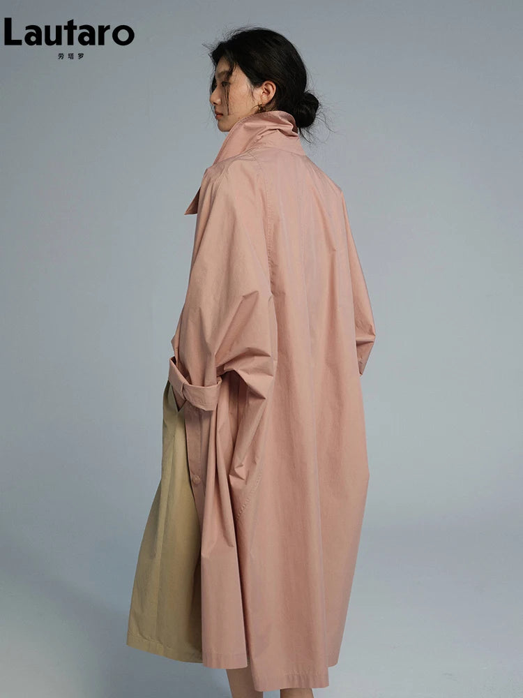 Lautaro Spring Autumn Long Oversized Thin Pink Trench Coat for Women Single Breasted Elegant Chic Luxury Designer Clothing 2026
