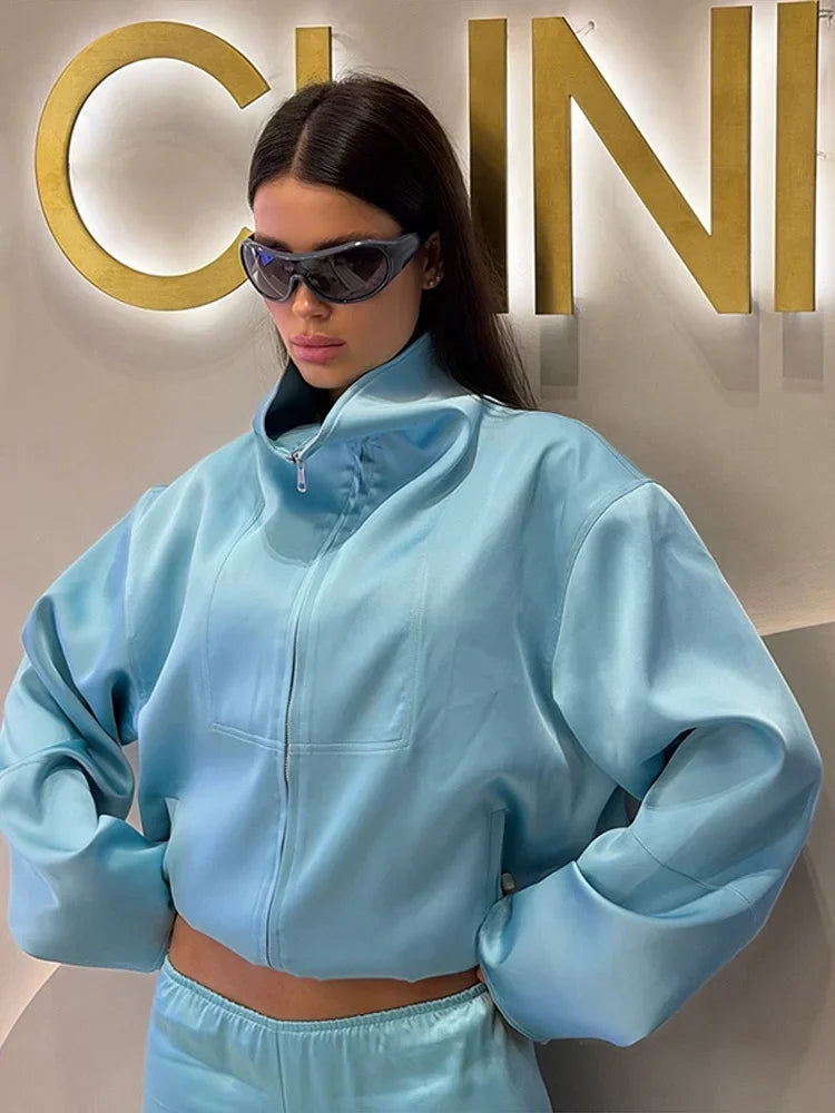 Women Satin Stand Collar Loose Jacket 2 Piece Set Long Sleeve Zip Coat Elastic Waist Pants Matching Co Ord 2026 Casual Outfits