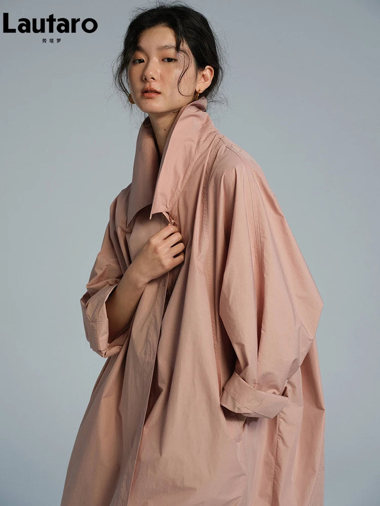Lautaro Spring Autumn Long Oversized Thin Pink Trench Coat for Women Single Breasted Elegant Chic Luxury Designer Clothing 2026