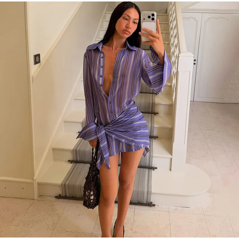 Stripe Wrap Tie Shirt Mini Dress Lapel Collar Long Flare Sleeve Loose Casual Dresses 2026 Summer Beach Vacation Fashion Outfit