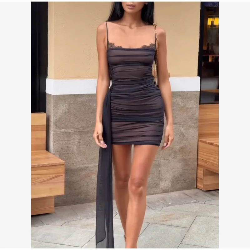 Sexy V-neck Sleeveless Waist-cinching Lady Dress Solid Elegant Fishbone Pleated Slim Fit Vestido Summer New Fashion Party Outfit