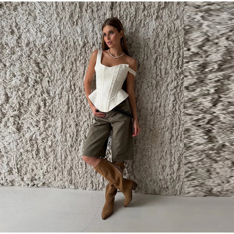 Women Top Floral Printed Spaghetti Strap Corset Top U-Neck Fishbone Boned Cinched Waist Irregular Hem Retro Vacation Camisole