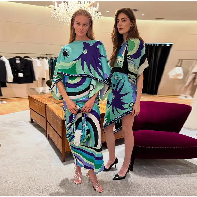 Women Tropical Leaf Print Cape Two Piece Set Batwing Loose Top High Waist Maxi Dress 2026 Summer Fashion Vacation Casual Suit