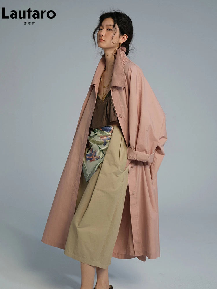 Lautaro Spring Autumn Long Oversized Thin Pink Trench Coat for Women Single Breasted Elegant Chic Luxury Designer Clothing 2026