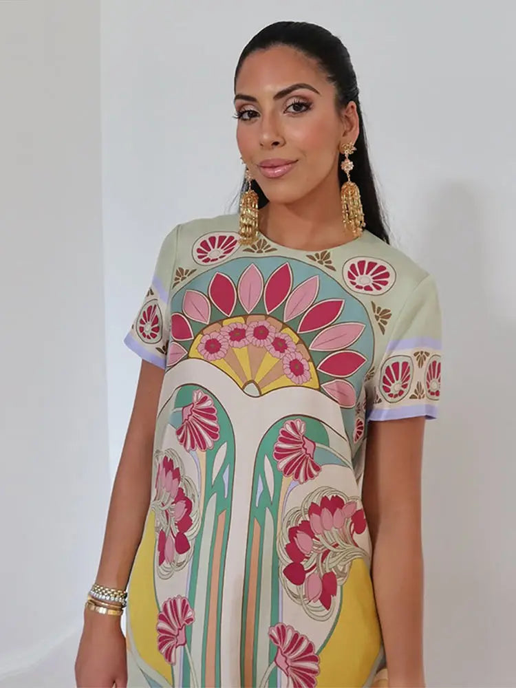 Chic Printed Women's Dress O-Neck Short Sleeve Loose Feather Patchwork Women'S Long Dresses 2026 Summer Female Vacation Robe