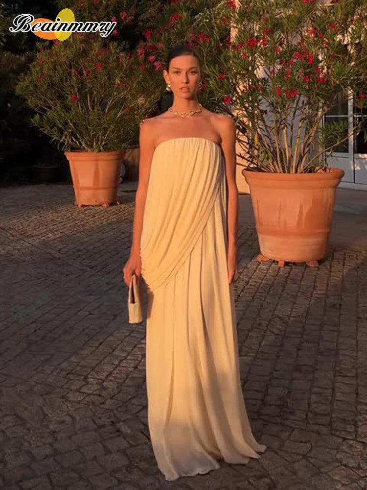 Sexy Pleated Strapless Maxi Dress Women Chic Solid Sleeveless Backless Loose Long Dresses 2026 Summer Lady Vacation Beach Outfit