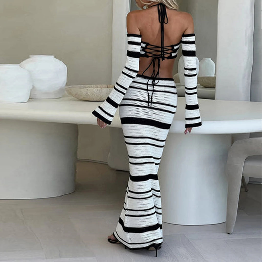 hirigin Knit Stripe Women 2 Piece Set Halter Slash Neck Lace Up Long Sleeve Tops and Maxi Skirts Sexy Mujer Club Midnight Suit