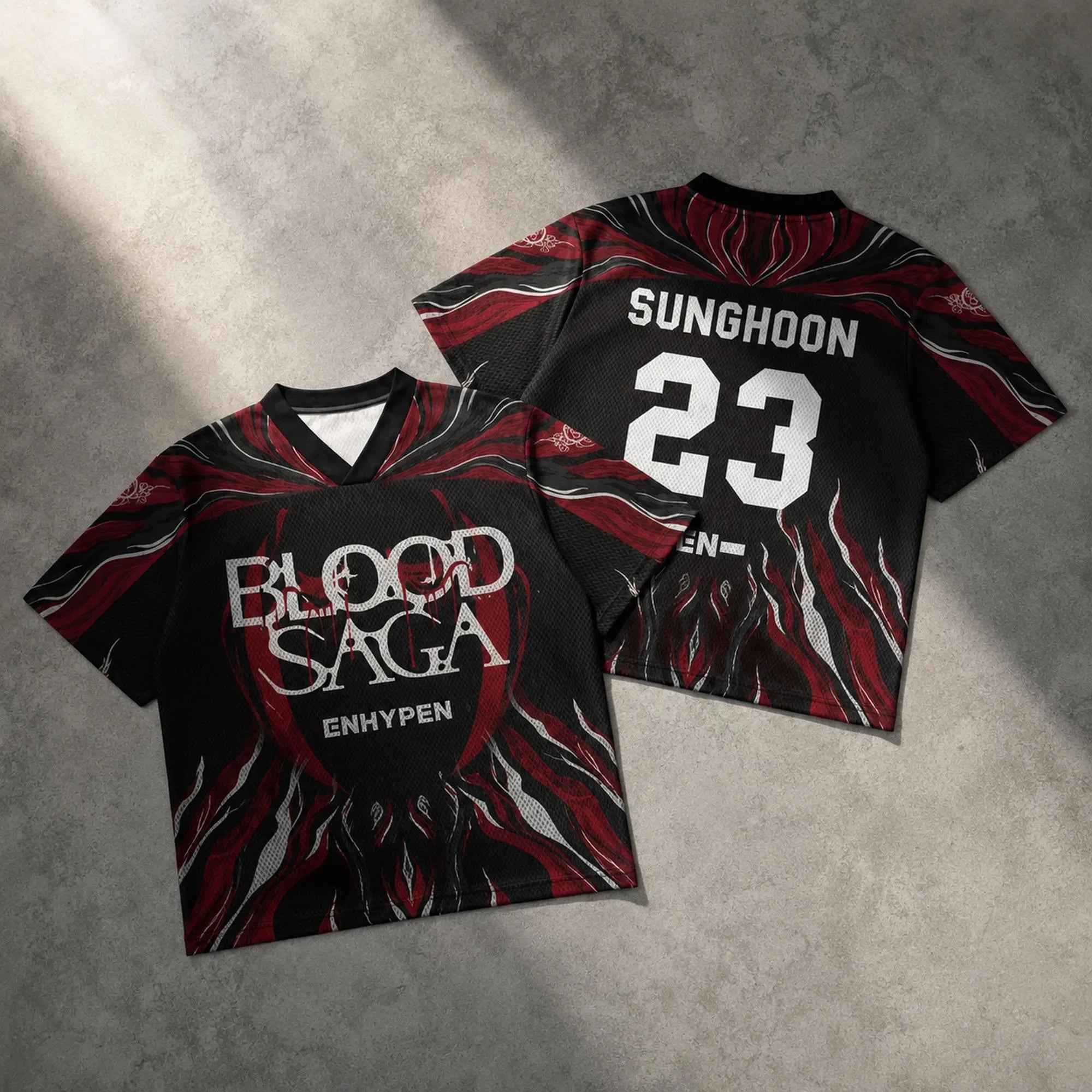 ENHYPEN NI-KI 10 Flame Mesh Jersey Tee Blood Saga Red Flame Full Print V Neck Oversized Kpop Fan Concert Breathable Street Top