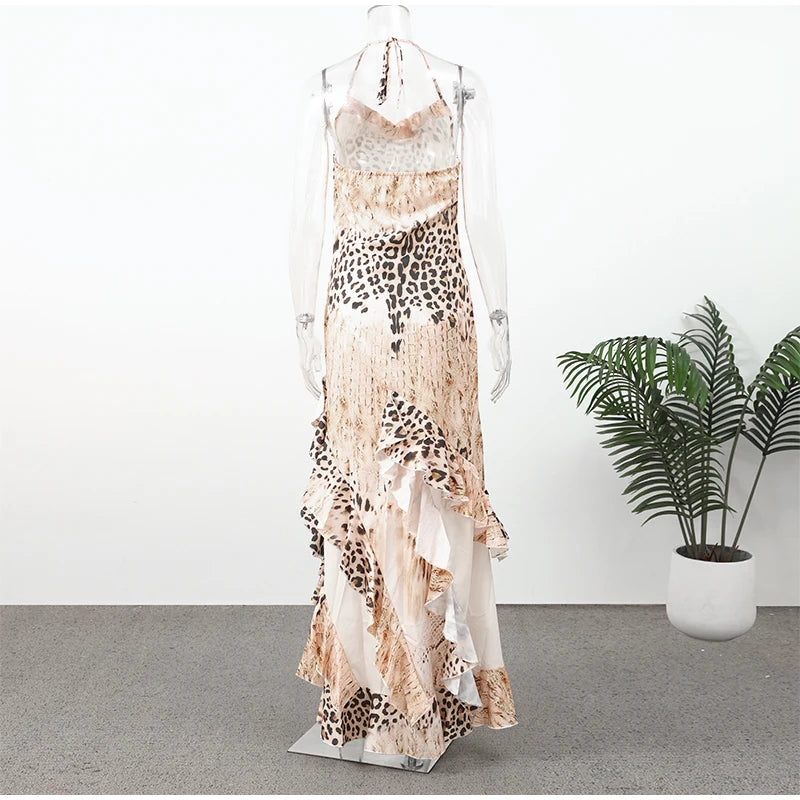 Women's Leopard Print Long Maxi Dress Halter Neck Plunge Front Tiered Ruffle Mermaid Skirt Elegant Party Cocktail Daily Gowns
