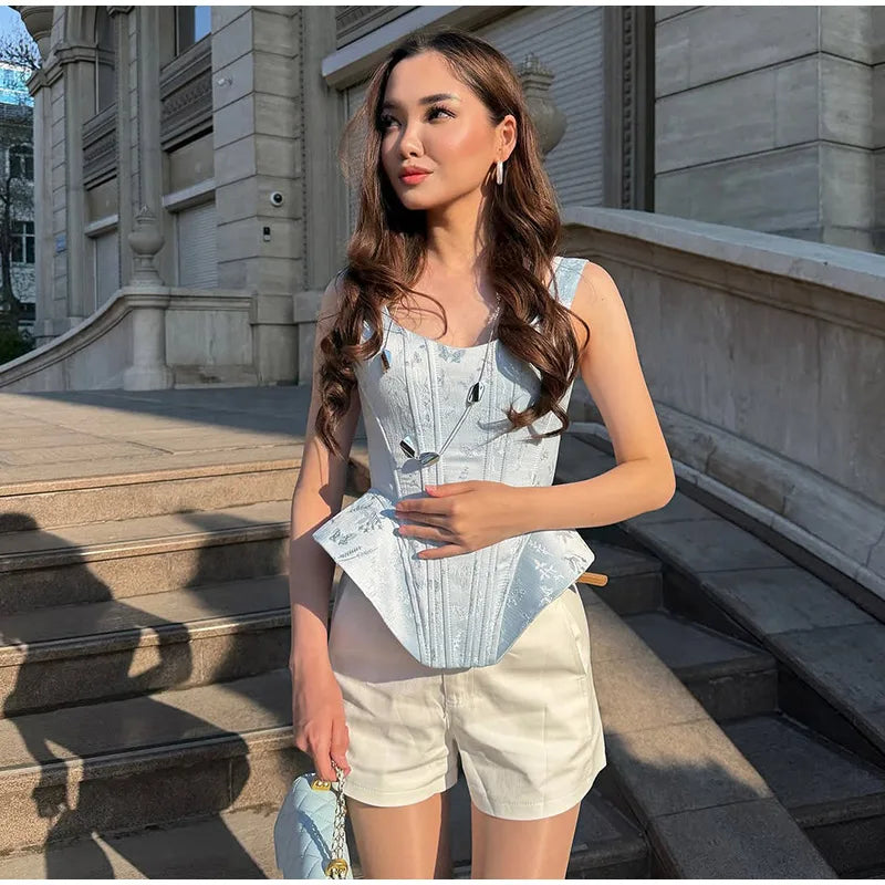 Women Top Floral Printed Spaghetti Strap Corset Top U-Neck Fishbone Boned Cinched Waist Irregular Hem Retro Vacation Camisole