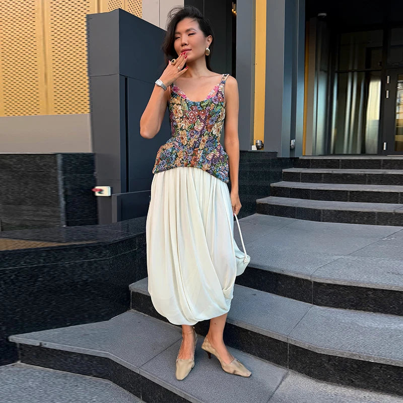 Women Top Floral Printed Spaghetti Strap Corset Top U-Neck Fishbone Boned Cinched Waist Irregular Hem Retro Vacation Camisole