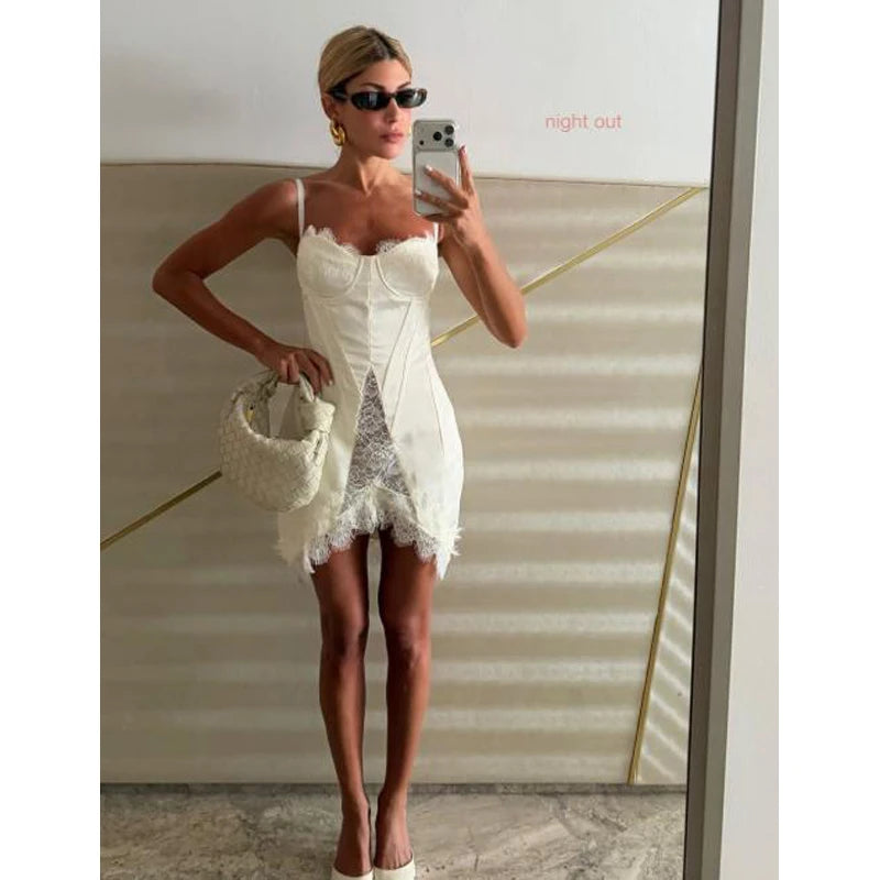 Sexy Lace Trim Satin Short Dress Women Solid Square Neck Sleeveless Waist Cinching Split Mini Dresses Summer Lady Party Robes