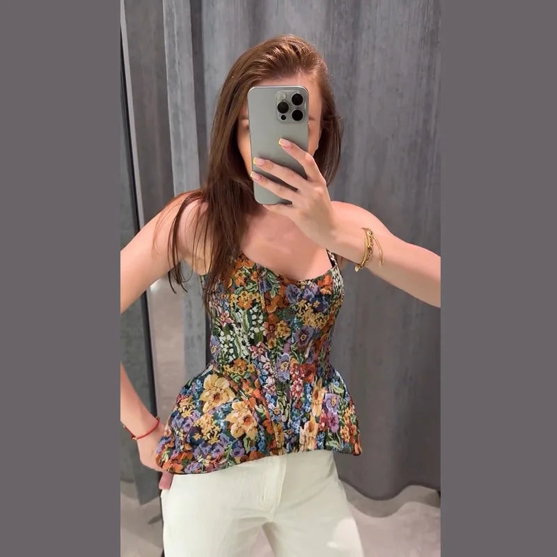 Women Top Floral Printed Spaghetti Strap Corset Top U-Neck Fishbone Boned Cinched Waist Irregular Hem Retro Vacation Camisole