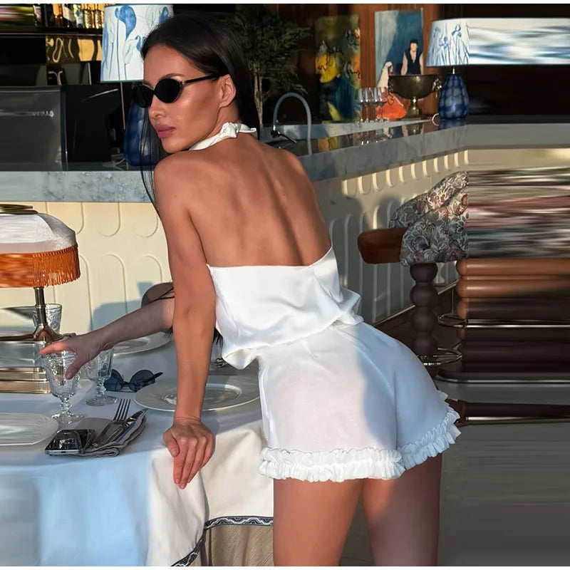 Elegant Women's Solid Halter Top Shorts Set Sleeveless Backless Swing Collar Vest Pleated Short Pant 2026 Summer Lady Beach Suit