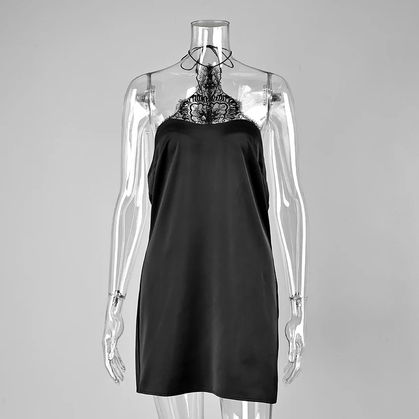 Linad Sexy High Waist Lace Mini Halter Dress Women 2026 Summer Black Satin Slim Party Dresses Elegant Silk Pencil Dress Female