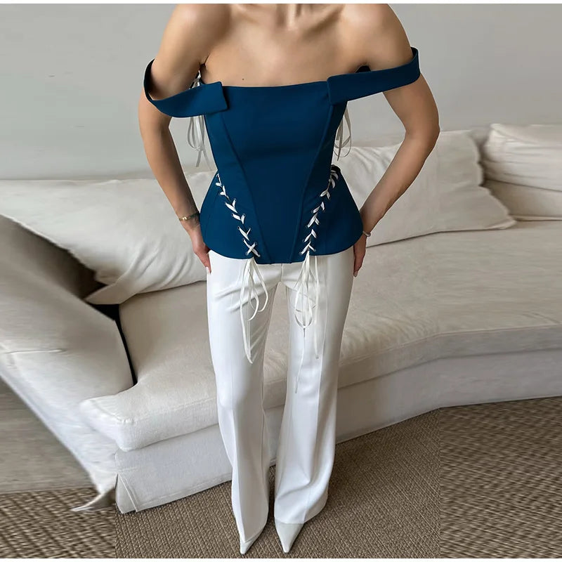 Elegant Off Shoulder Blue Tube Top Women's Contrast Lace Up Waist Cinched Corset Tops 2026 Summer New Lady Fashion Streetwear