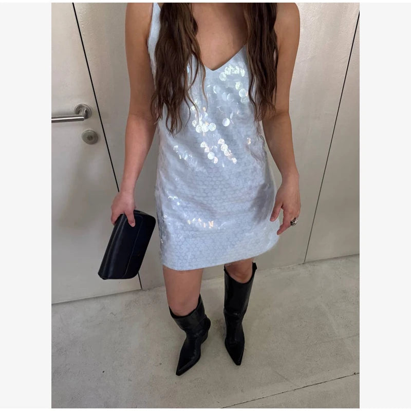 Women's Sexy Sequin Backless Short Dress High Waist Sleeveless Bodycon Mini Dresses 2026 Beach Vacation Party Club Outfits