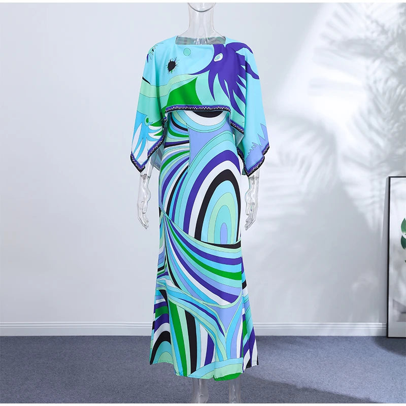 Women Tropical Leaf Print Cape Two Piece Set Batwing Loose Top High Waist Maxi Dress 2026 Summer Fashion Vacation Casual Suit