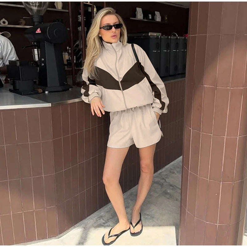 Fashion Color Block 2 Piece Tracksuit Women's Stand Collar Zip Lightweight Jacket Loose Mini Shorts 2026 New Lady Casual Outfit