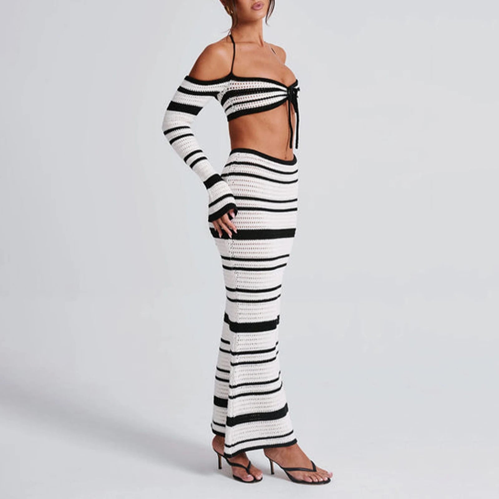 hirigin Knit Stripe Women 2 Piece Set Halter Slash Neck Lace Up Long Sleeve Tops and Maxi Skirts Sexy Mujer Club Midnight Suit