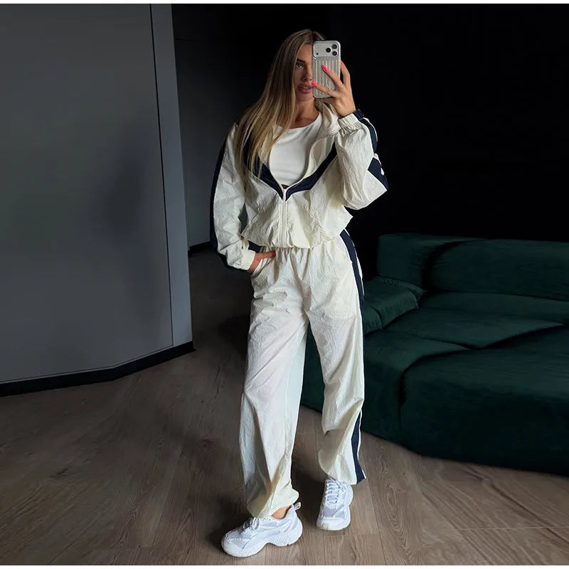 Fashion Color Block 2 Piece Tracksuit Women's Stand Collar Zip Lightweight Jacket Loose Mini Shorts 2026 New Lady Casual Outfit
