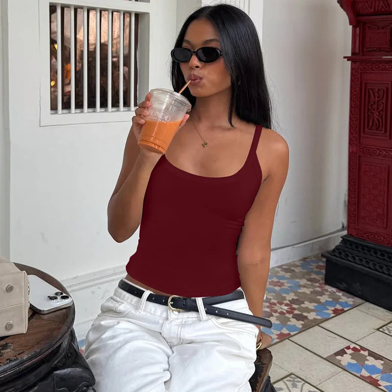 Solid Color Sexy Spaghetti Strap Tank Top Women Sleeveless Slim Cami Vest
