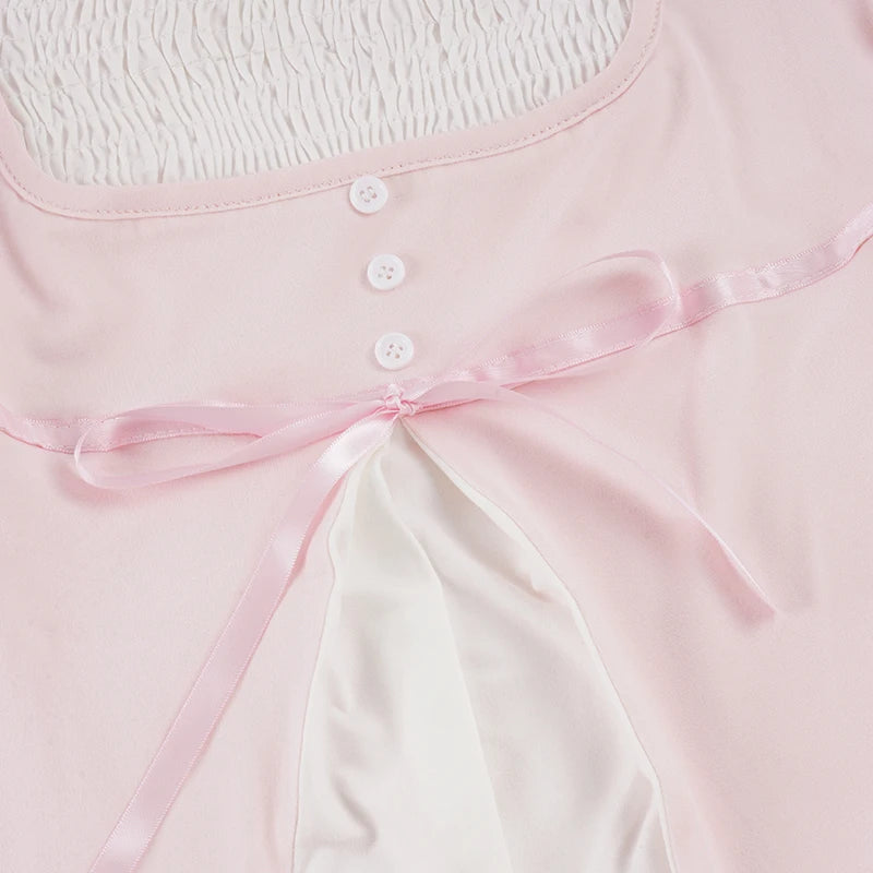 [RUOKE] Casual Y2K Contrast Color Top Women Spring Summer Square Neck Puff Sleeve Bow Slim A-line Babydoll Blouse Sweet Coquette