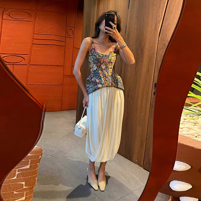 Women Top Floral Printed Spaghetti Strap Corset Top U-Neck Fishbone Boned Cinched Waist Irregular Hem Retro Vacation Camisole