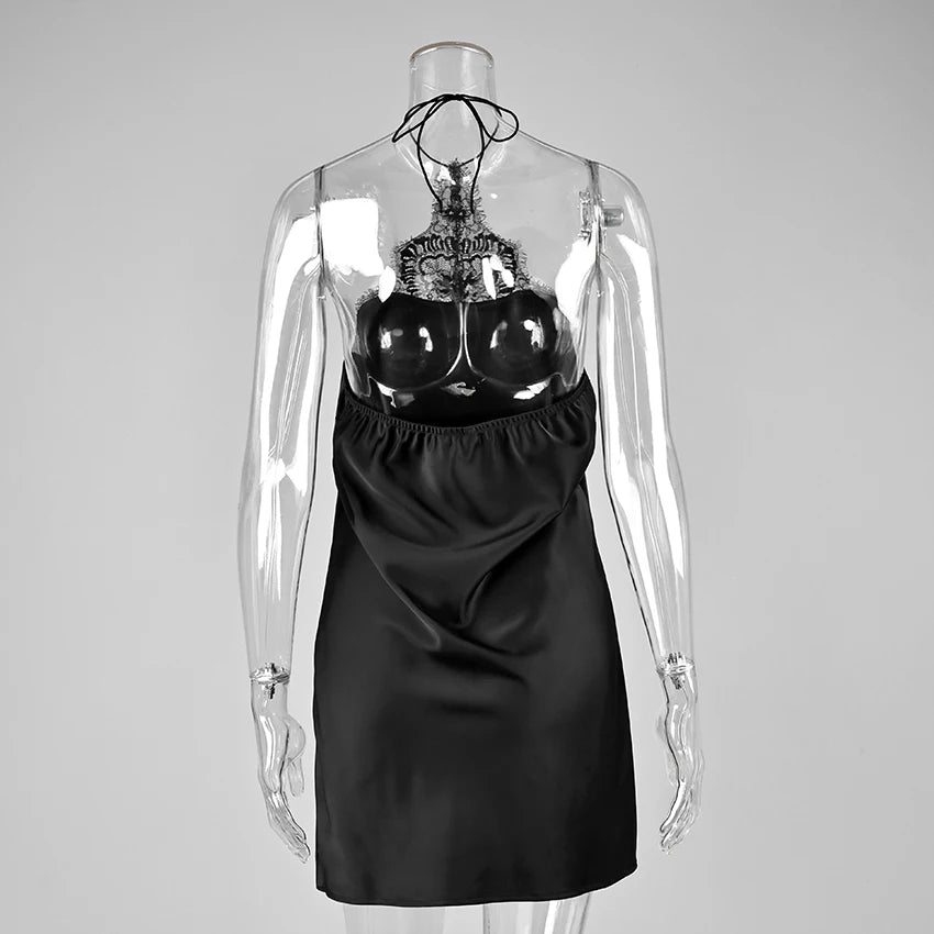 Linad Sexy High Waist Lace Mini Halter Dress Women 2026 Summer Black Satin Slim Party Dresses Elegant Silk Pencil Dress Female