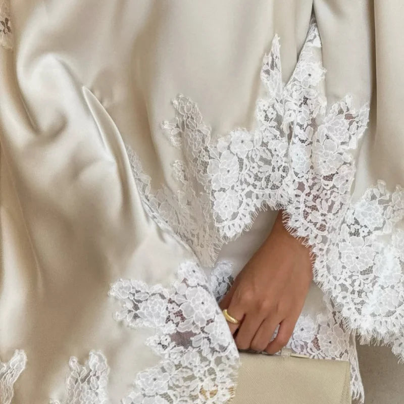 Elegant Women's Satin Lace Patchwork Top Skirt Set Loose Sloping Shoulder Full Sleeve Top Mini Skirts 2026 Summer Lady Suit