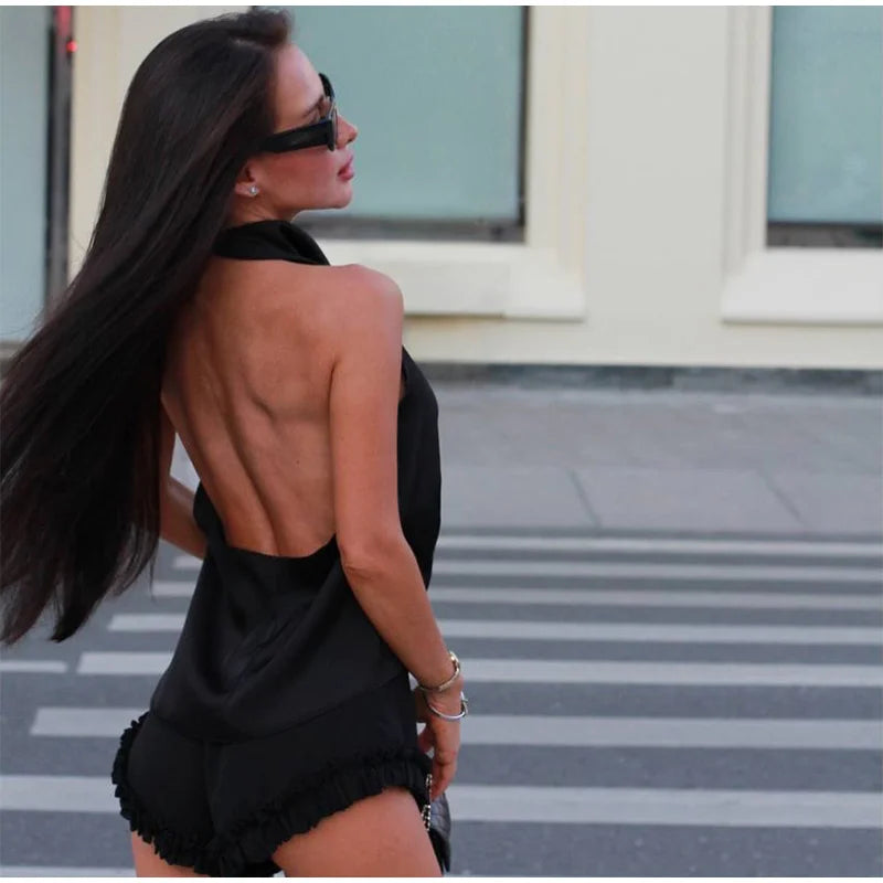Elegant Women's Solid Halter Top Shorts Set Sleeveless Backless Swing Collar Vest Pleated Short Pant 2026 Summer Lady Beach Suit