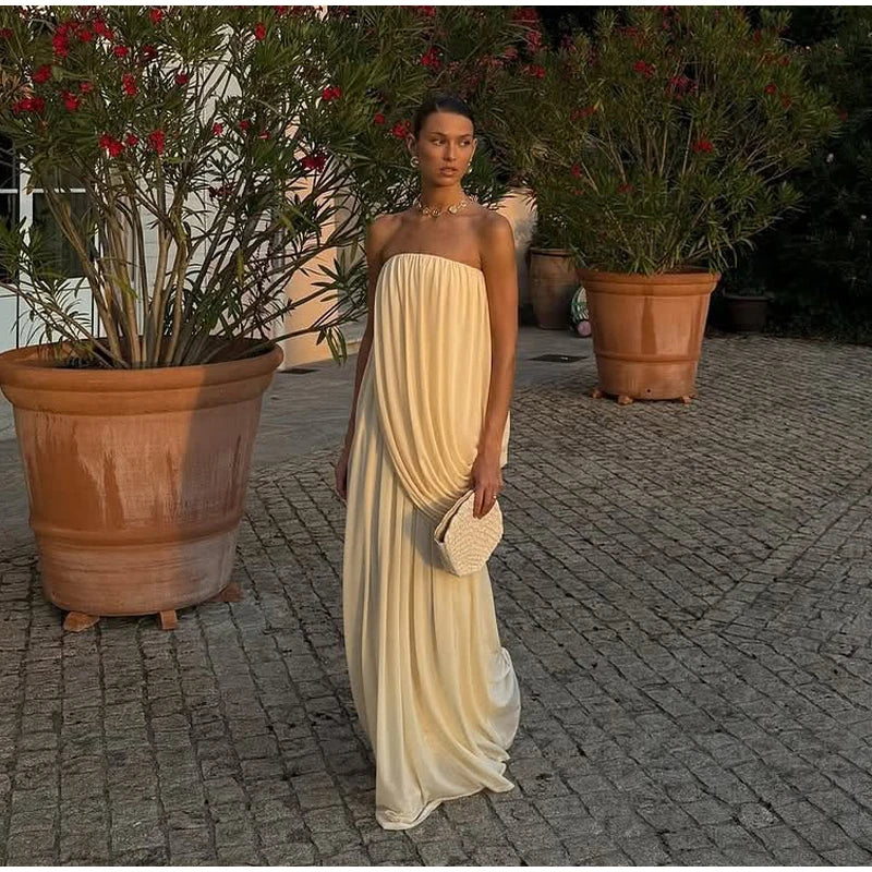 Sexy Pleated Strapless Maxi Dress Women Chic Solid Sleeveless Backless Loose Long Dresses 2026 Summer Lady Vacation Beach Outfit