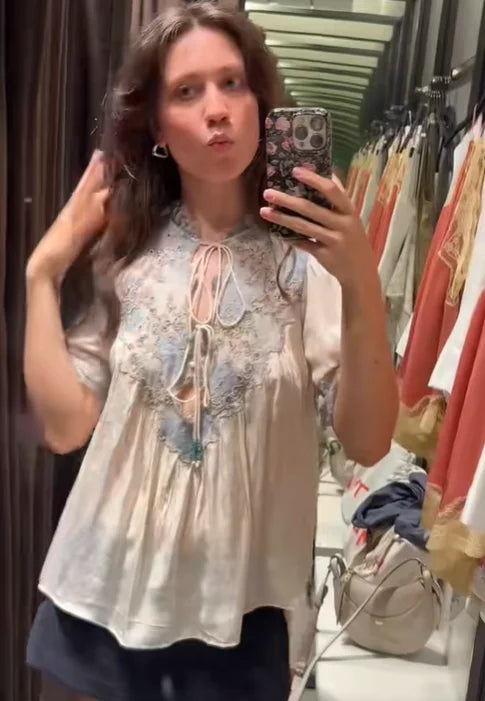 Floral Stamp Lace Patchwork Blouse Ruffle Neck Tie Front Puff Short Sleeve Loose Boho Shirt Women's Casual Vacation Top 2026 New