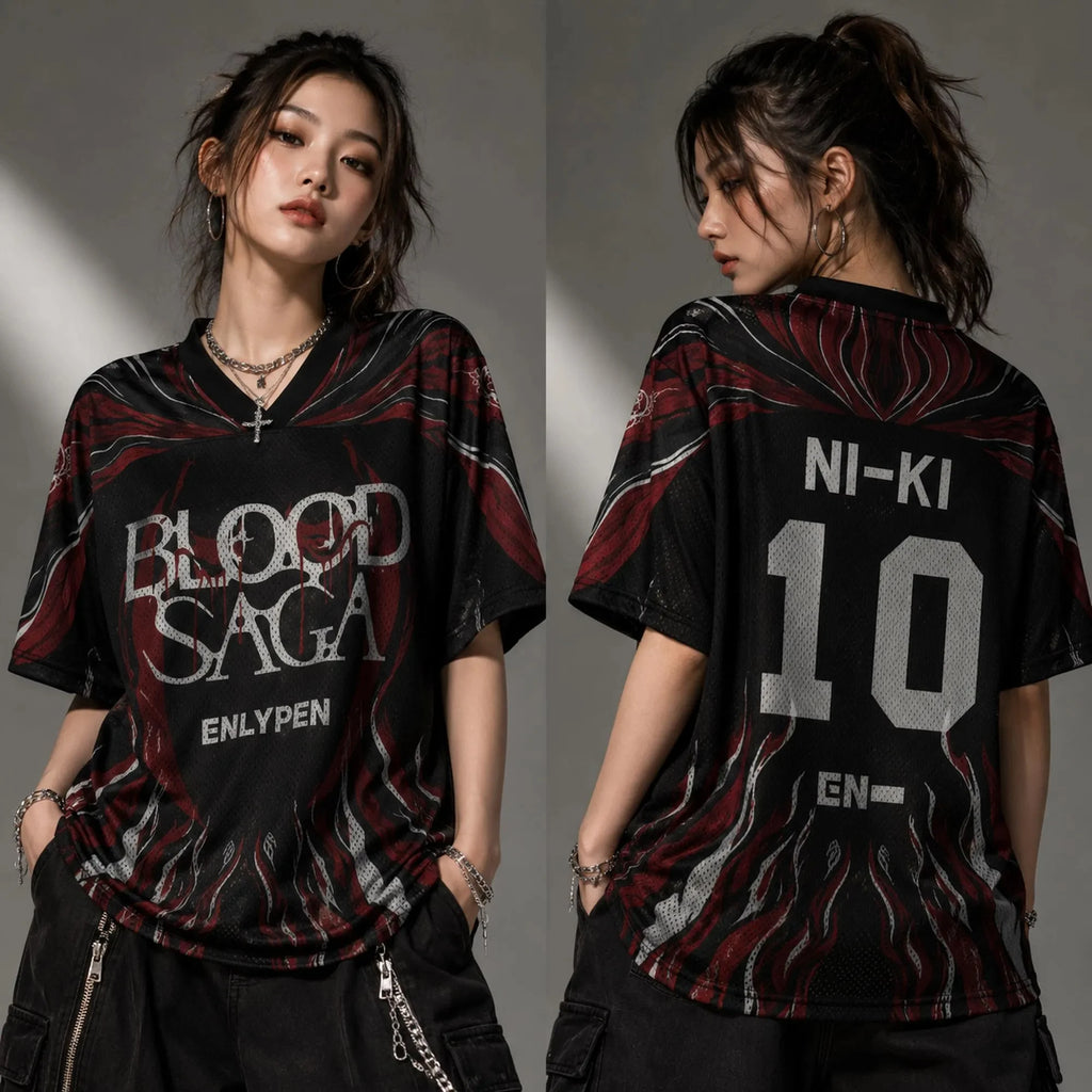 ENHYPEN NI-KI 10 Flame Mesh Jersey Tee Blood Saga Red Flame Full Print V Neck Oversized Kpop Fan Concert Breathable Street Top