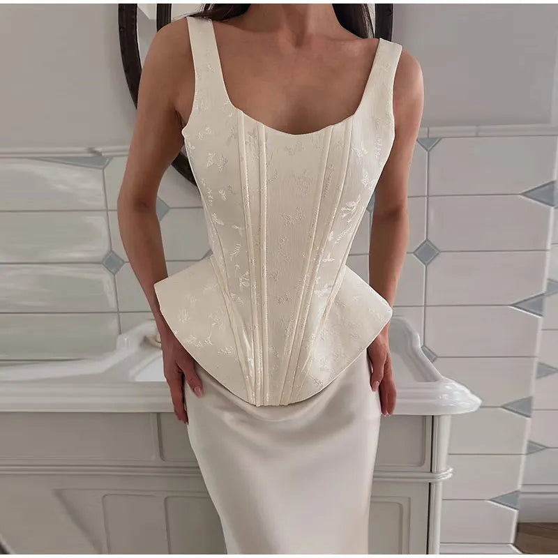 Women Top Floral Printed Spaghetti Strap Corset Top U-Neck Fishbone Boned Cinched Waist Irregular Hem Retro Vacation Camisole