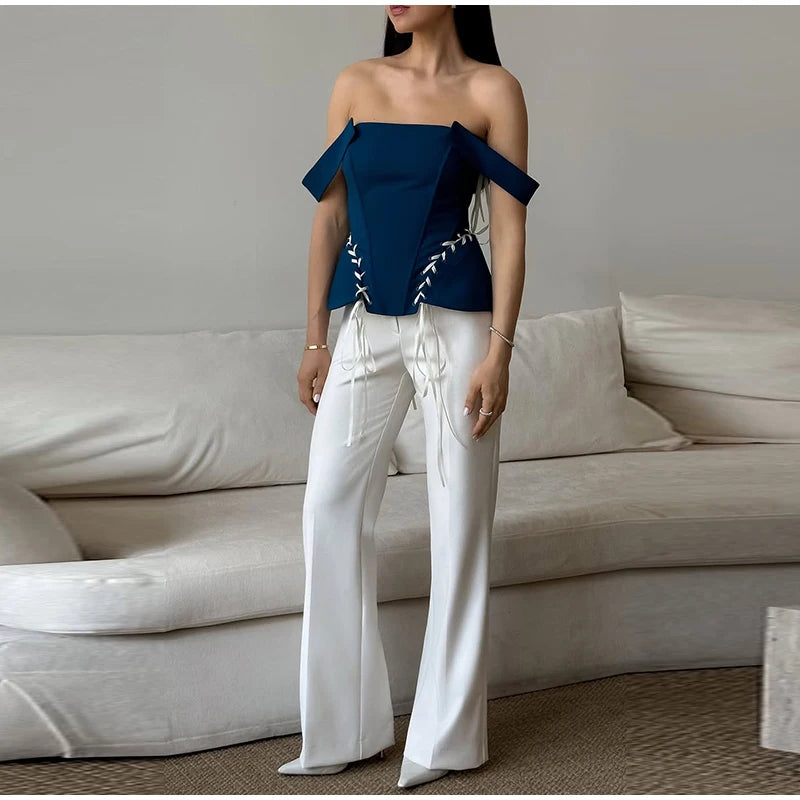 Elegant Off Shoulder Blue Tube Top Women's Contrast Lace Up Waist Cinched Corset Tops 2026 Summer New Lady Fashion Streetwear