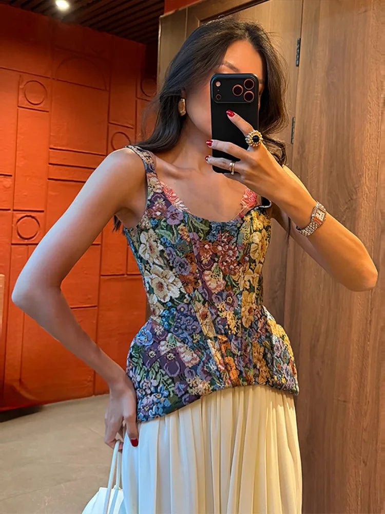Women Top Floral Printed Spaghetti Strap Corset Top U-Neck Fishbone Boned Cinched Waist Irregular Hem Retro Vacation Camisole