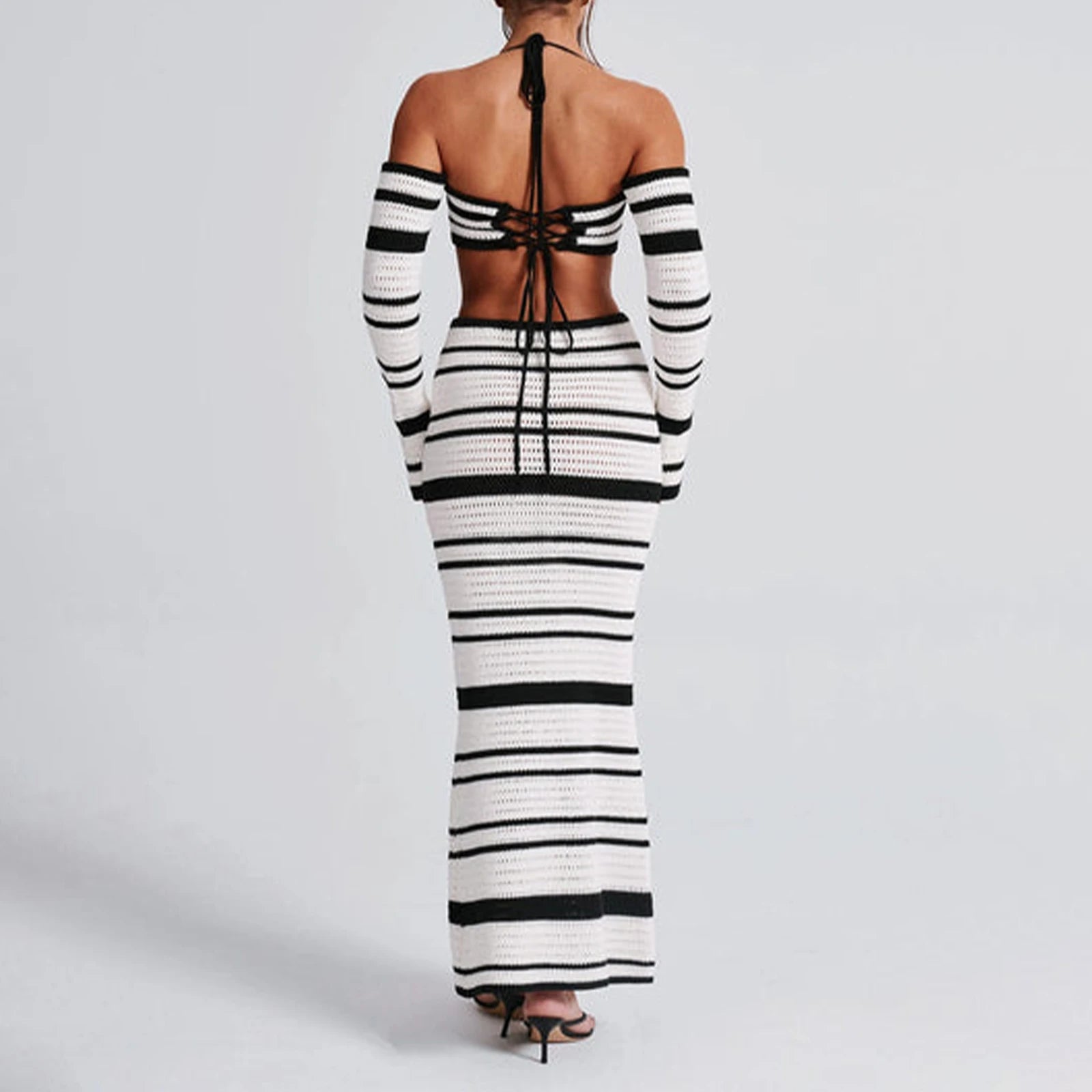 hirigin Knit Stripe Women 2 Piece Set Halter Slash Neck Lace Up Long Sleeve Tops and Maxi Skirts Sexy Mujer Club Midnight Suit