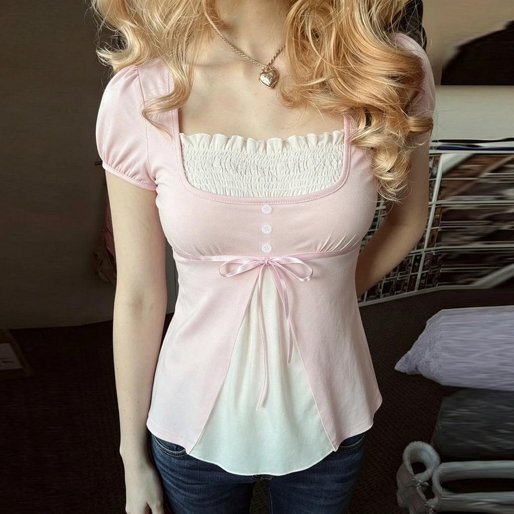 [RUOKE] Casual Y2K Contrast Color Top Women Spring Summer Square Neck Puff Sleeve Bow Slim A-line Babydoll Blouse Sweet Coquette